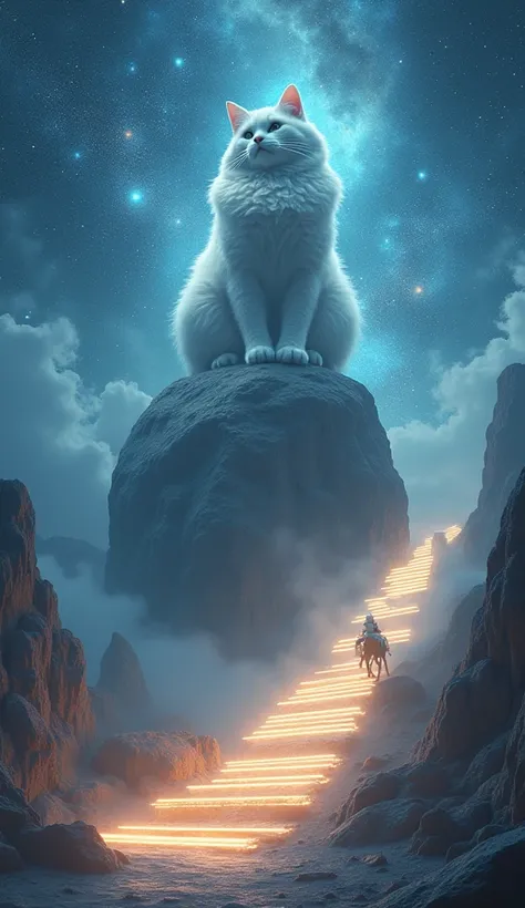 gigantic goddess cat on 浮いている mysterious glowing transparent rock, infinity Stone Steps, deep depth, dynamic angle from below long shot, 宇宙飛行士 on 馬 are looks like very small, in space, shinning galaxy in around, in fantastic art style, realistic detailed, ...