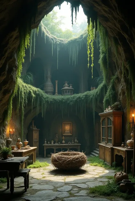  I would like the image of a very tall cave ,  with stalactites on the ceiling and lots of moss and vegetation covering its walls. Furthermore,  I want it to be filled with rustic wooden furniture ,  with old and worn decorative objects , like paintings, s...