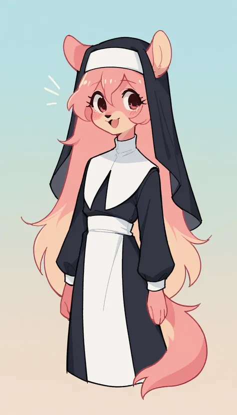    best quality   ,   very detailed illustration, (   Anthropomorphic fluffy mouse :1,7) ,   tousled fluffy hair ,   alluring playful look , Slim,   perfect body  , Simple drawing, Artifyber style, pastel flat colors, Cute,   cartoon  , nun clothes  