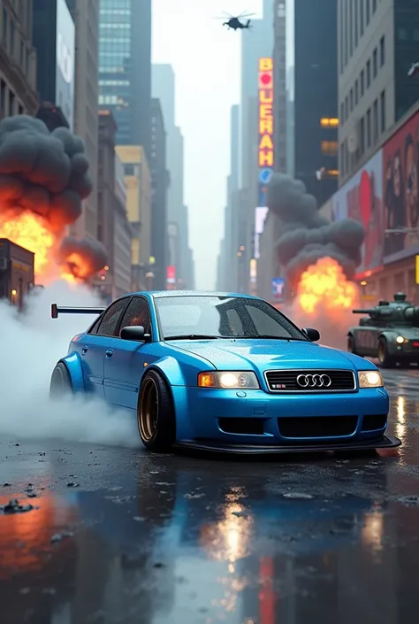 White and Sky Blue 2004 Audi S4, wide body, time square, war zone, drifting, smoke, explosion, tanks, chopper