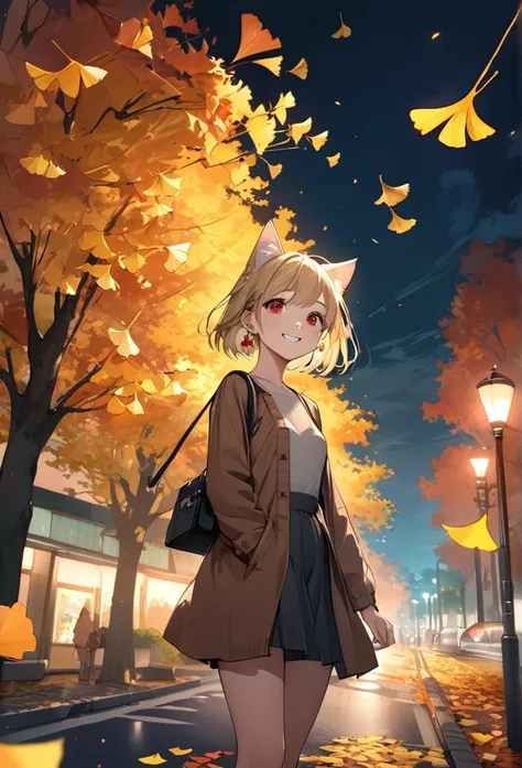 ((best quality, high resolution)), (delicate illustration), (pastelcolor style illustration:0.7), (watercolor style illustration:0.4), ((beautiful:1.3)), 4k, ((Autumn, Ginkgo leaves in autumn, on roadside trees, sidewalks at night, illuminated autumn leave...