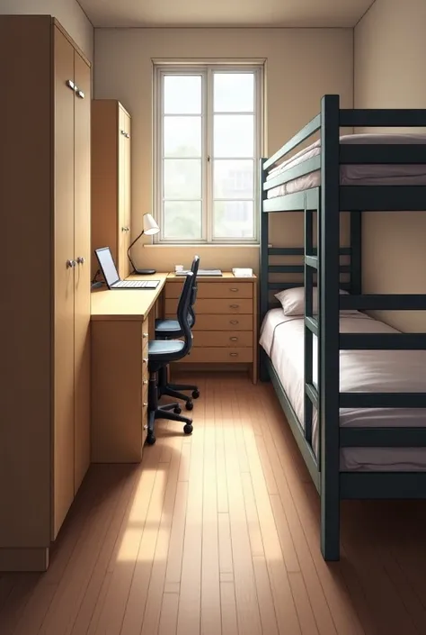 The room is moderately big.
This is a dorm room for 2 people: when you step in, in front of you is 2 desk, parallel to each other, with a little gap between them and a window above it. On the top right side (which mean at the end of the room), its the bedb...