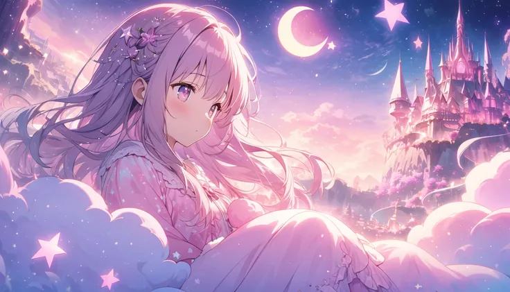 "A highly detailed anime-style illustration set in a dreamy, pink-hued fantasy world at night. A young girl in pastel pajamas lies on fluffy, cotton candy-like pink clouds, her eyes gently closing as she drifts into sleep. Around her, glowing pink and lave...