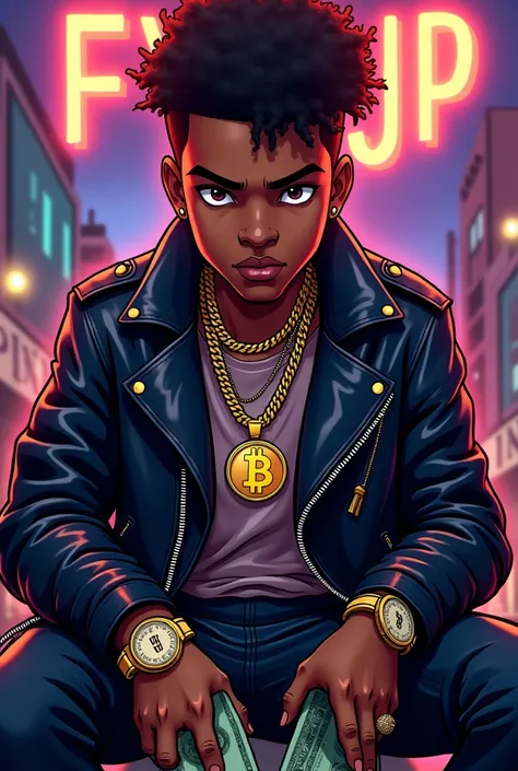 Black gangster teen cartoon with fyejp and gun in hand with money sitting down and BSV on a chain music album cover
