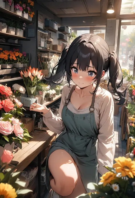 girl, black hair, twin tails, working at flower shop, cute, flowers, masterpiece, best quality, ultra detailed, in the morning