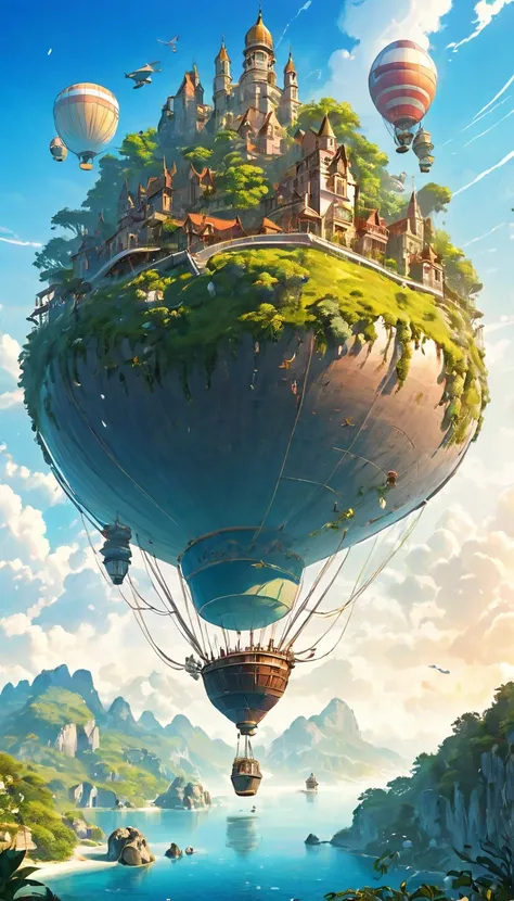  Many islands are suspended in the air with many small airships flying around, cities, fantasy, magical plants growing, extreme details, realistic light, epic composition, (complex details), (complex design, ultra-details :1.2), Art Station, (Masterpiece, ...