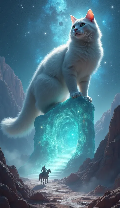 gigantic goddess cat on 浮いている mysterious glowing transparent rock, infinity Stone Steps, deep depth, dynamic angle from below long shot, 宇宙飛行士 on 馬 are looks like very small, gigantic static shock in hand, in space, shinning galaxy in around, in fantastic ...