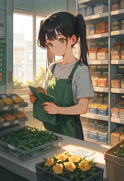 girl, black hair, twin tails, working at flower shop, cute, flowers, masterpiece, best quality, ultra detailed, in the morning