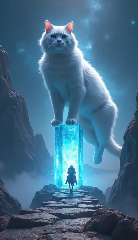 gigantic goddess cat on 浮いている mysterious glowing transparent rock, infinity Stone Steps, deep depth, dynamic angle from below long shot, 宇宙飛行士 on 馬 are looks like very small, gigantic static shock in hand, in space, shinning galaxy in around, in fantastic ...