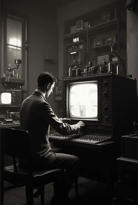 Vintage 1920s TV transmission room
Prompt: "A 1920s-style room filled with old electrical equipment, large coils, and wires. A person (representing Philo Farnsworth) is seen adjusting a large, bulky television transmitter, with an early black-and-white scr...