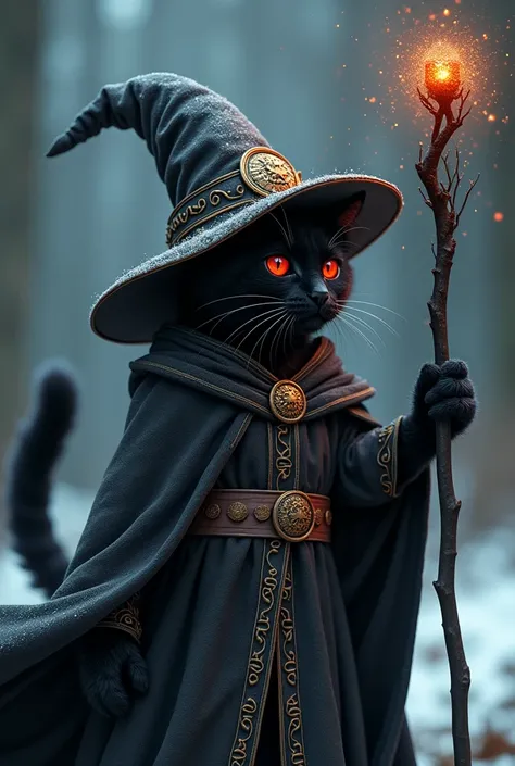 a realistic kitten, movie scene fantasy worlds, black cat mage wearing intricate ancient robes, a wizard hat, holding an black staff, red eyes, intricate runic symbols swirling around, casting Snowflake spell, fluffy tail, detailed surroundings, (hyper-det...