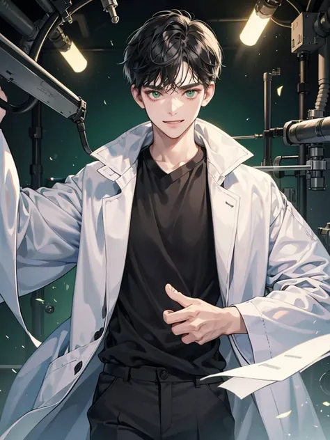 boy with green eyes, black short hair. he thin. scientist uniform. Background laboratory scenery. sadistic expression. he smiling. wear black t shirt and white coat like a scientist. laboratory scenery lab. he has big eyes. he teenager