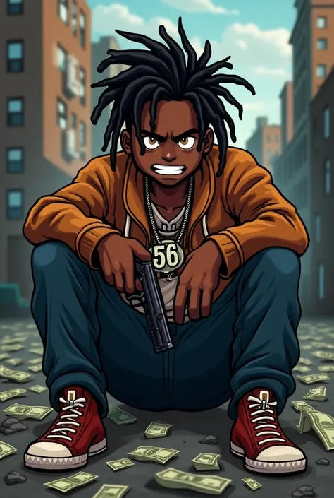 Black gangster teen cartoon with dreads and   fyejp in the background with a gun in hand and with money sitting down and 56 on a chain    music album cover