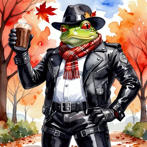 Closeup, Watercolor painting of an extremely badass anthropomorphic light blue and white bullfrog wearing an insanely cool black leather biker jacket open, black fedora, black leather biker gloves, black leather biker pants, warm scarf in a serene November...