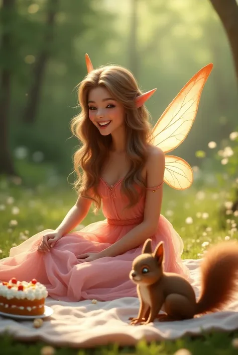 a beautiful adult woman fairy sitting on a picnic blanket, she has long flowing wavy brown hair, she is wearing a pink dress with a full skirt, she is laughing, there is a squirrel on the picnic blanket that has cake frosting on it’s nose, there is a cake ...