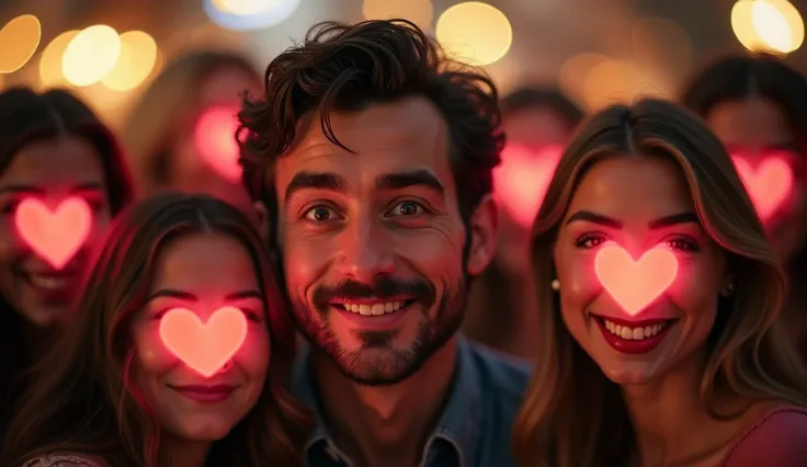 When a man winks, several wemens eyes turn into hearts. real. photo. realistic.The mans eyes are normal eyes. Only the womens eyes are hearts.