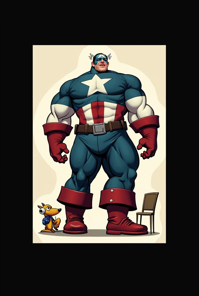 Capitaine america avec un corp tres large, ca poitrine dois êtres très très grosse comme une pasteque, et ces cuisses enorme et très large, son visage a un aire narquois il est assis sur une petite chaise avec vue de face 