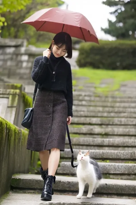 An office lady holding a cat walking on the stone steps