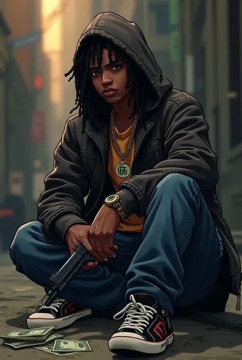 Make me a Black gangster teen cartoon with dreads and fyejp in the background with a gun in hand and with money sitting down and 56 on a chain music album cover , make it a little more realistic 
