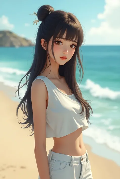 girl, solo, looking at viewer, black hair, hair ornament, brown eyes, outdoors, hair bun, lips, realistic, white pants, nose, beach