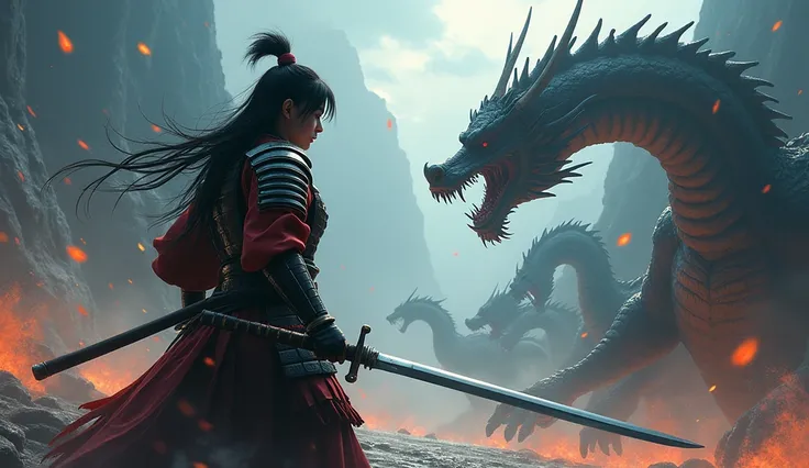  pc wallpaper samurai girl faces monsters, who want to attack her ,  there are 2 dragons among monsters  