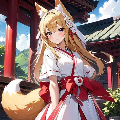 ((32K)), ((Best Quality)), (( ultra high resolution )), (( Hi-Res)), ((超 Hi-Res)), (( very detailed CG)), ((unity 32K wallpaper)), (masterpiece, Best Quality),(One fox girl)、Fox ears、(1 fox tail:1.2)、 beautiful dark eyes 、Blonde, straight long hair、smile、b...