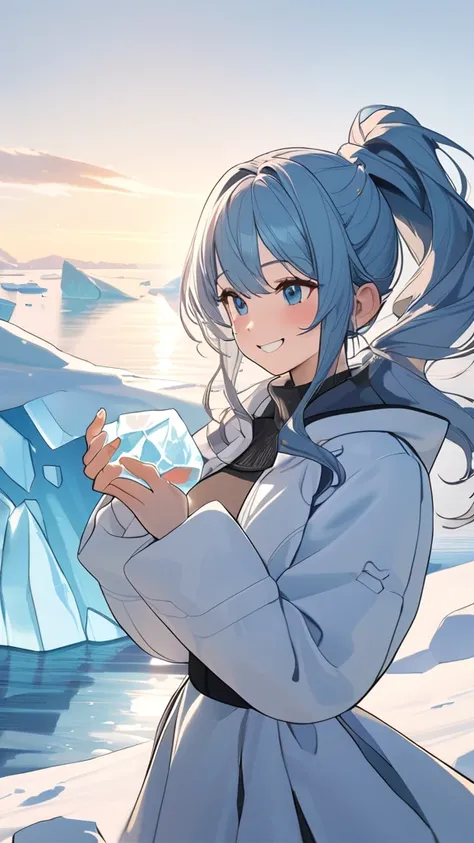 1 girl, ( cute face), ( Long Wave Hair:1.2),  ponytail, Cold protection,  Fantasy Anime Costumes,  Medium Chest , smile, break, Antarctic ice fields, (Soft morning sun:1.1), Sparkling ice, cold air, break, Spectacular Icebergs , Snowflake,  Penguin Chirpin...