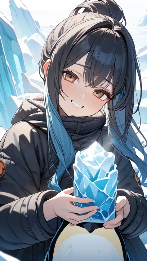 1 girl, ( cute face), ( Long Wave Hair:1.2),  ponytail, Cold protection,  Fantasy Anime Costumes,  Medium Chest , smile, break, Antarctic ice fields, (Soft morning sun:1.1), Sparkling ice, cold air, break, Spectacular Icebergs , Snowflake,  Penguin Chirpin...