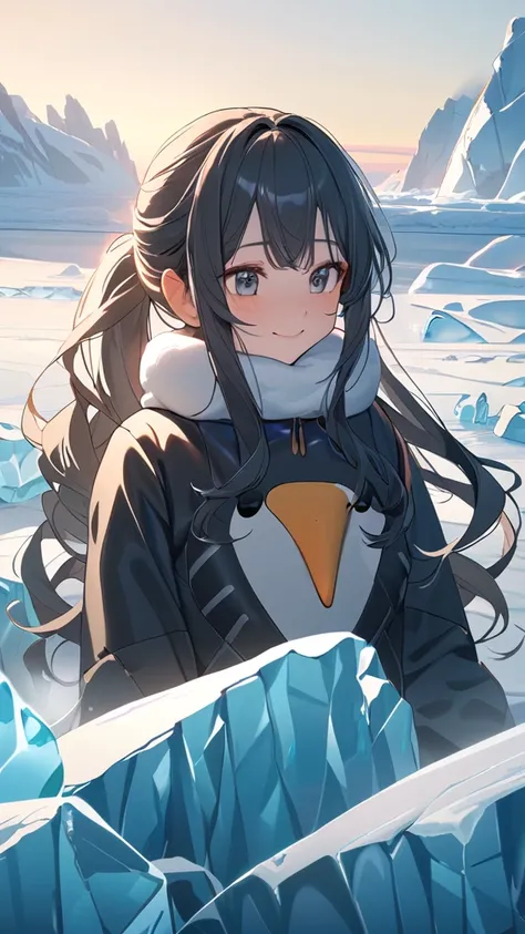 1 girl, ( cute face), ( Long Wave Hair:1.2),  ponytail, Cold protection,  Fantasy Anime Costumes,  Medium Chest , smile, break, Antarctic ice fields, (Soft morning sun:1.1), Sparkling ice, cold air, break, Spectacular Icebergs , Snowflake,  Penguin Chirpin...