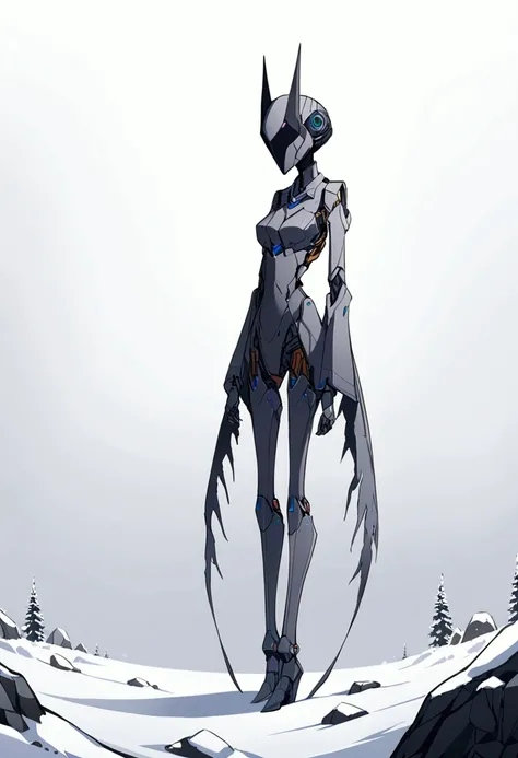  A very tall robot girl with hunched legs looks lonely but sensual she has no face just a dark mask, It is made of several pieces of scrap metal that give it style the background is snowy .