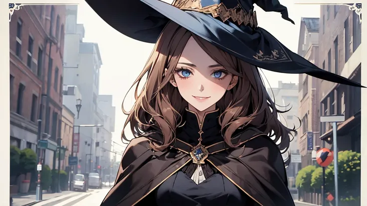 (Best Quality,High Definition,Detail),One Girl,Beautiful and elegant light blue eyes,Brown hair,Cold smile,Bobbed hair,Wearing suit,Small witchs tricorn hat,Witch cape,Witch long cape,MILF,25 years old,Shy smile,Slightly shy,Slim figure,Pale complexion,Thi...