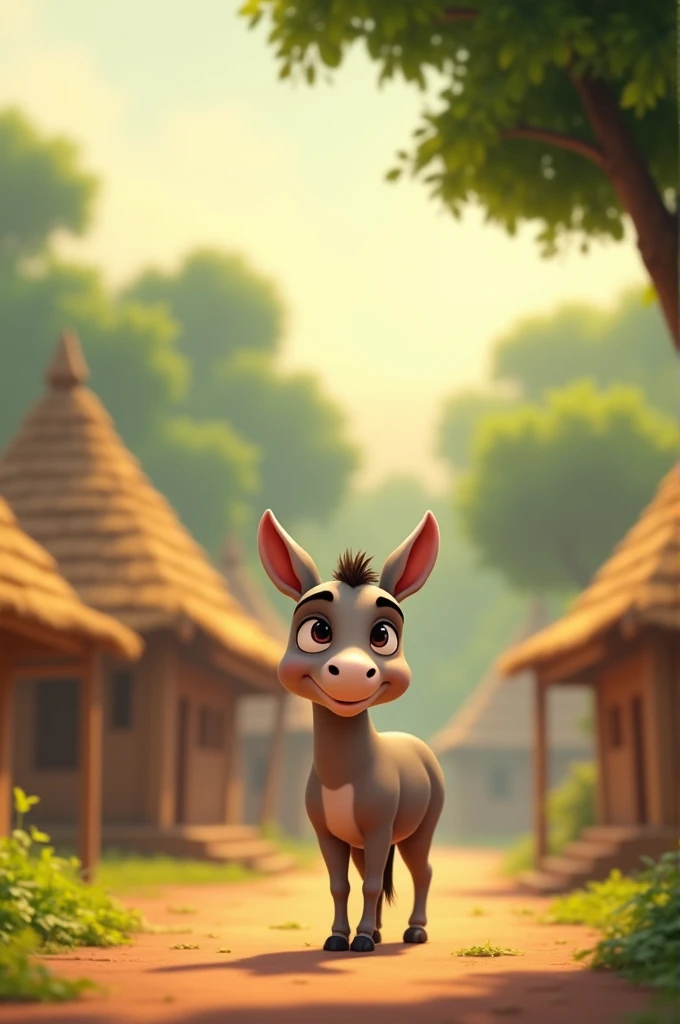 In a peaceful village, a cute and friendly donkey named Chanchal stands near small huts and trees, looking happy and approachable. The scene is warm and welcoming, with a traditional rural Indian setting in the background