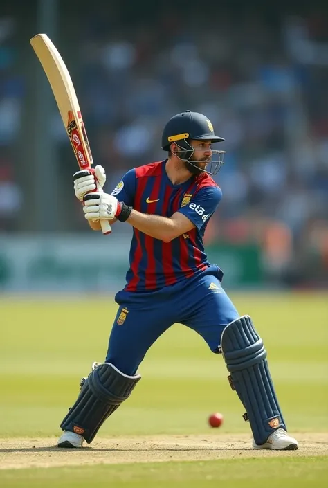 generate a hyper realistic image of lionel messi, wearing his team football jersy, skillfully doing batting on cricket pitch. the scene should capture the details like the proper batsman sports equipement on his body