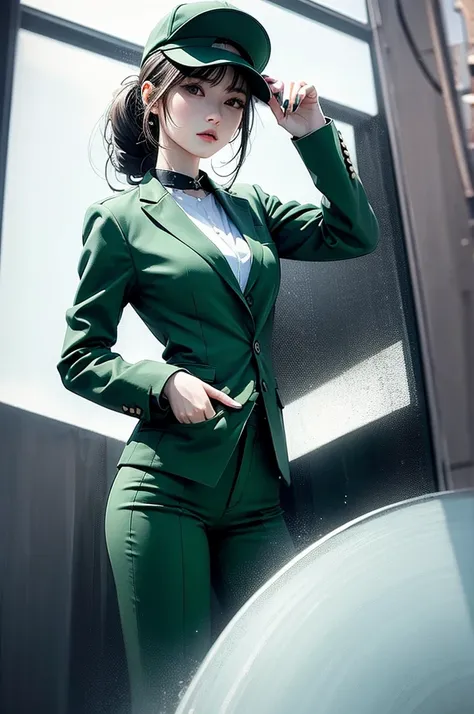 green suit, girl, with glass, big tips