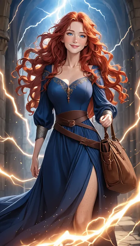 Mature Woman with red wavy long hair, many freckles, light blue eyes, half-closed eyes, longeyelashes, smile, blush, dark blue fantasy long dress, brown bag, fantasy, medieval, masterpiece, anatomically corrected, cinematic lightning