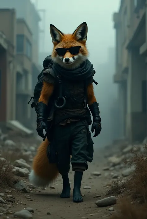 Fox survivalist in black rags with a backpack in black sunglasses, full length,fog, rain, night, dark atmosphere, epic, ruined city,desert relief, super realism