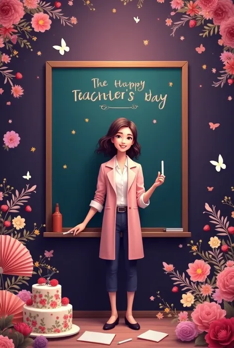 Create a POSTER about a title "Teachers day November 20", PURPLE PURPLE is the Main color, with decorative motifs such as butterflies, flowers, a paper fan, cake, a blackboard and a chalk . A POSTER.  The teacher stand in front of the black board