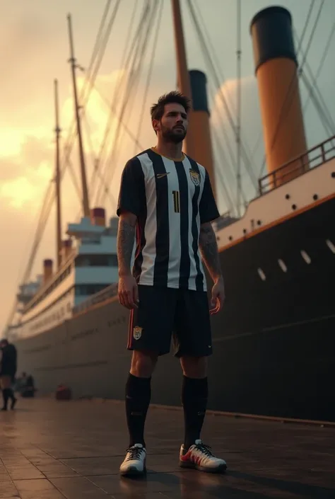 generate a hyper realistic image of Lionel Messi wearing his football team jersey standing on the  deck in the titanic ship, evening time