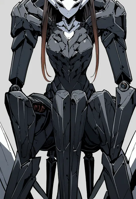 A very tall robot girl with hunched legs looks lonely but erotic and dominant, she has no face, just a dark mask., It is made of several pieces of scrap metal that give it style the background is snowy .