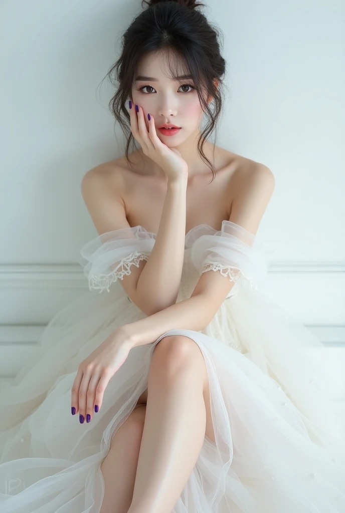 Korean women,  eyes staring at viewers ,  foot pose 1 , Galメイク, Captivating Eyes, Big Eyes, White Mask, White Mask着用,  Delicate and charming female hand  ,   Purple Nails ,   white skin, Long fingers , Gal,    in a gorgeous dress ,  Great dress, Sparkly dr...