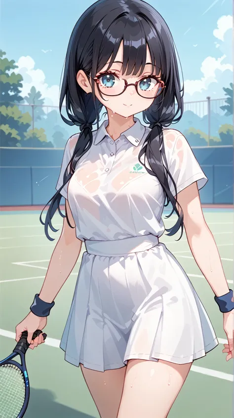 Black Hair, long hair,Pigtails,Glasses, tennis wear,Sweaty, Hi-Res, 最高quality, Accurate, 高quality, quality,    very detailed,
