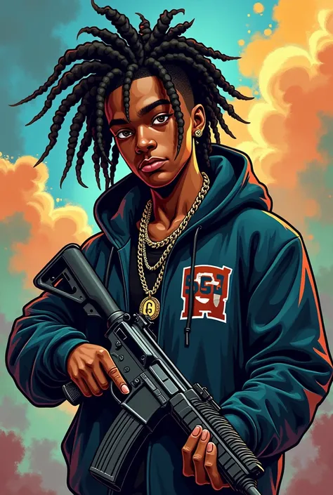 Make me a young black gangster cartoon        character with fyejp in the background and with dreads and with 56VL on a chains and AK47 gun in hand hiphop album cover