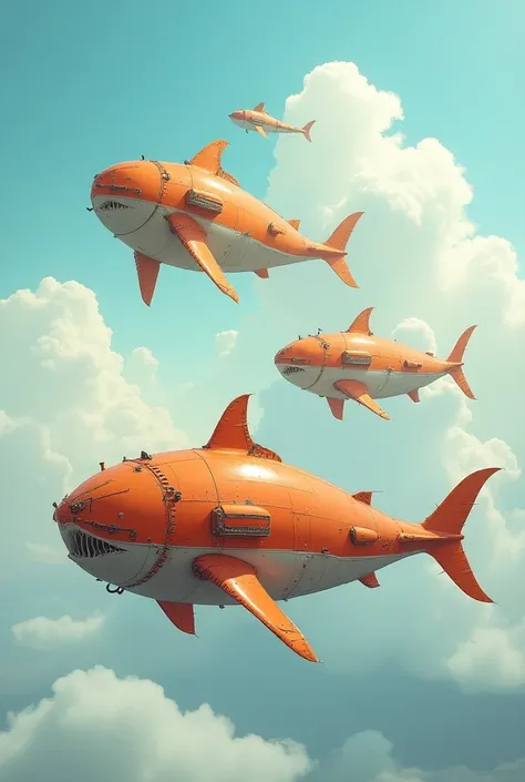 a technical study of airspips in the sky. The shape of the airships resemble seacreatures. like fish, skarks, whales and kraken. The airships are  orange and white, with gondolas and protruding engines