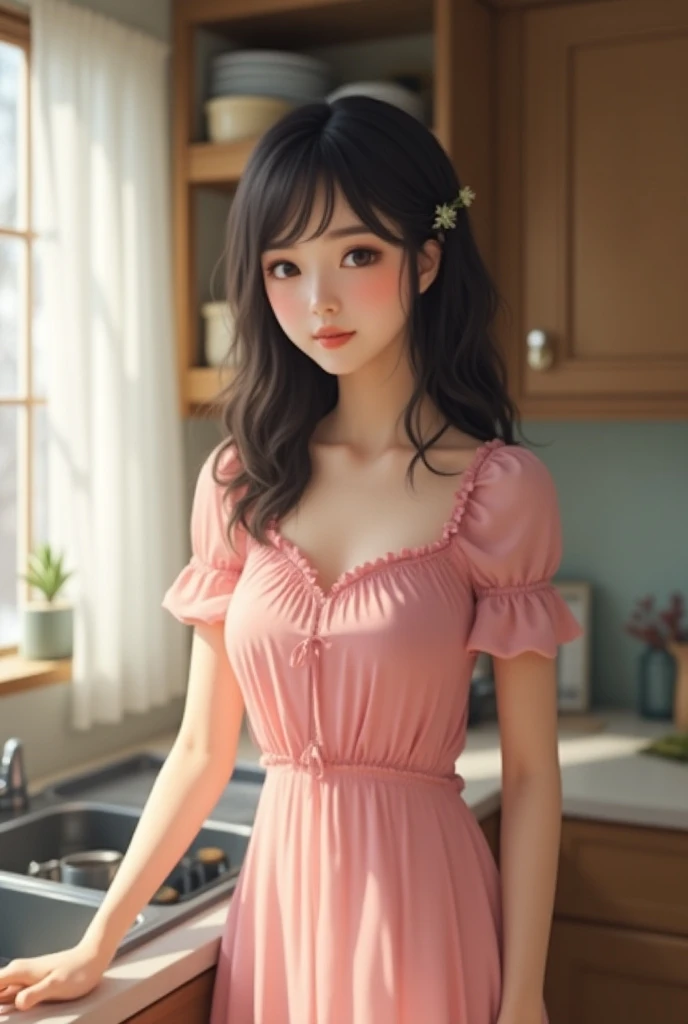 Beautiful Japanese Woman wearing a cute pink dress, she has a small breast ane dark long hair, scene is happening in a kitchen in the morning, Photorealistic