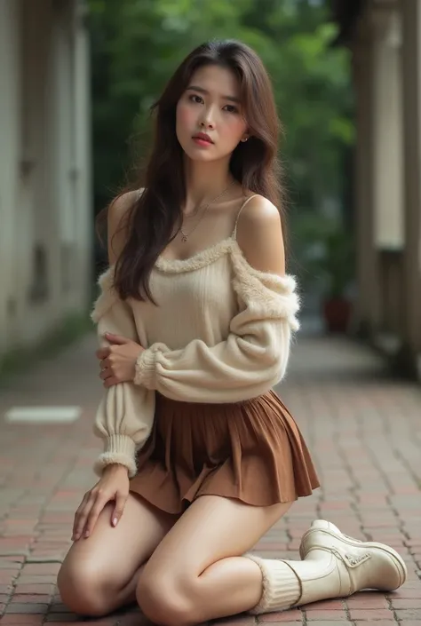 modern style photography, eyes angle shot, full body, a beautiful Thai young woman, slender figure, minimal makeup, brown long wavy hair, wearing glasses wearing a beige open-shoulder fluffy blouse over with brown pleated tennis skirt, cream boots, small s...