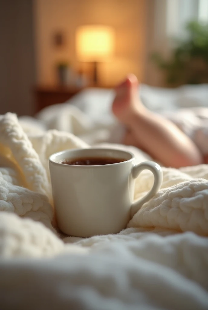 (photorealism:1.2), a picture of morning coffee on the bed with a baby’s leg of around the age 2years showing at the corner of the screen 