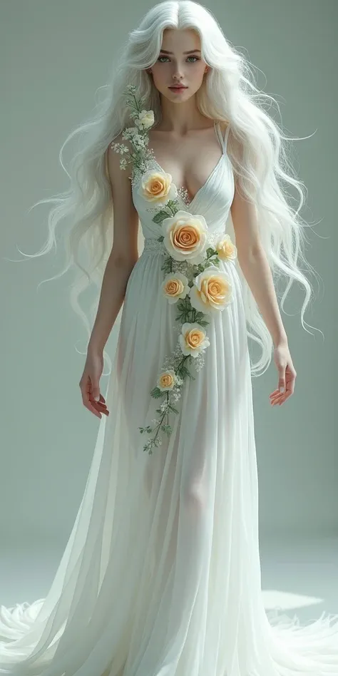  Full length full body shot of an Ethereal gorgeous goddess like entity.::5 With beautiful platinum/silver wavy flowing hair and hazel green eyes::5 Perfectly symmetrical human anatomy. ::5 Wearing a white flowing dress withgorgeous intricate detailed rose...