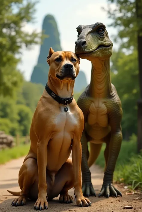 A slefie of a muscular dog with an dinosaur in a park 