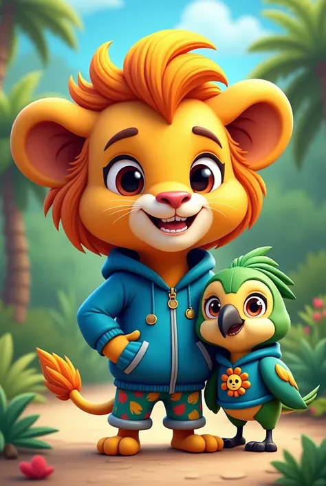 CHARACTER 1: Ballu the lion.
Hairstyle: The hair on the forehead has a round shape and stylish golden colored hair.
Face: The big eyes show a clear expression and the happy smile on the face.
Top attire: The blue jacket is a lion based design.
Bottom attir...