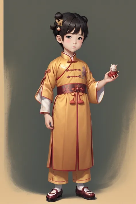 A Boy Illustration 、anime、High image quality、cute、llustration, Wearing an Antique Chinese Dress with Stuffed Hair,Put on your shoes,handful